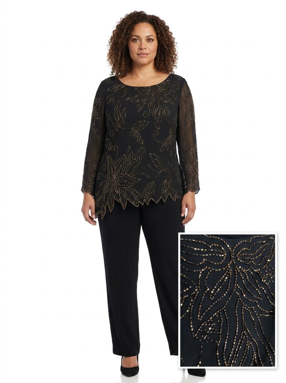 J. Kara Black Beaded Floral Asymmetric Hem Blouse Women Size XL